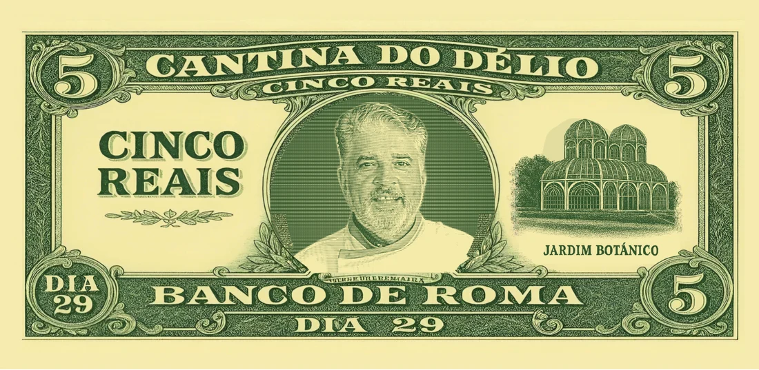 Banconota da cinque reais della Cantina do Délio, con Délio nel ritratto e la scritta Banco de Roma, giorno 29