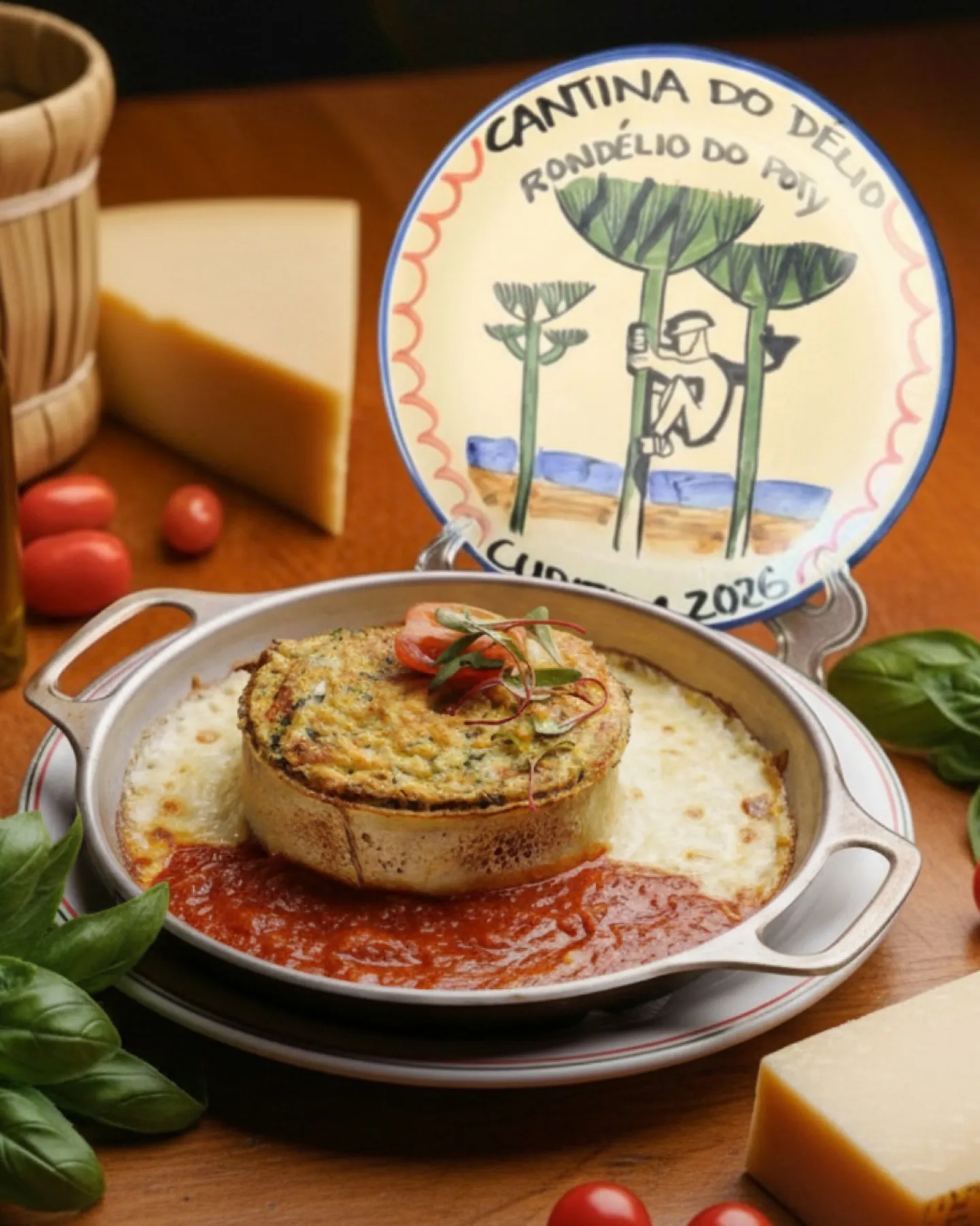 O Rondélio do Poty, gratinado com molho de tomate e bechamel, ao lado da cerâmica de 2026